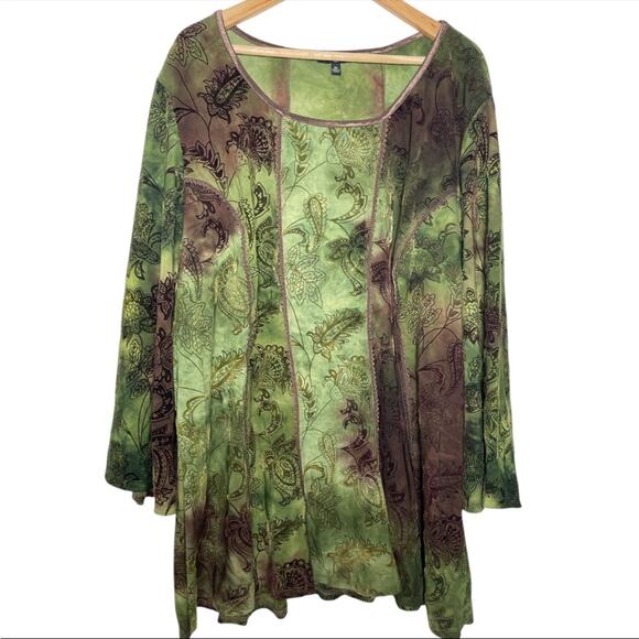 Sami & Jo Women’s 2X Green brown Paisley 3/4 flare sleeve Goblin-core Top - Picture 1 of 5